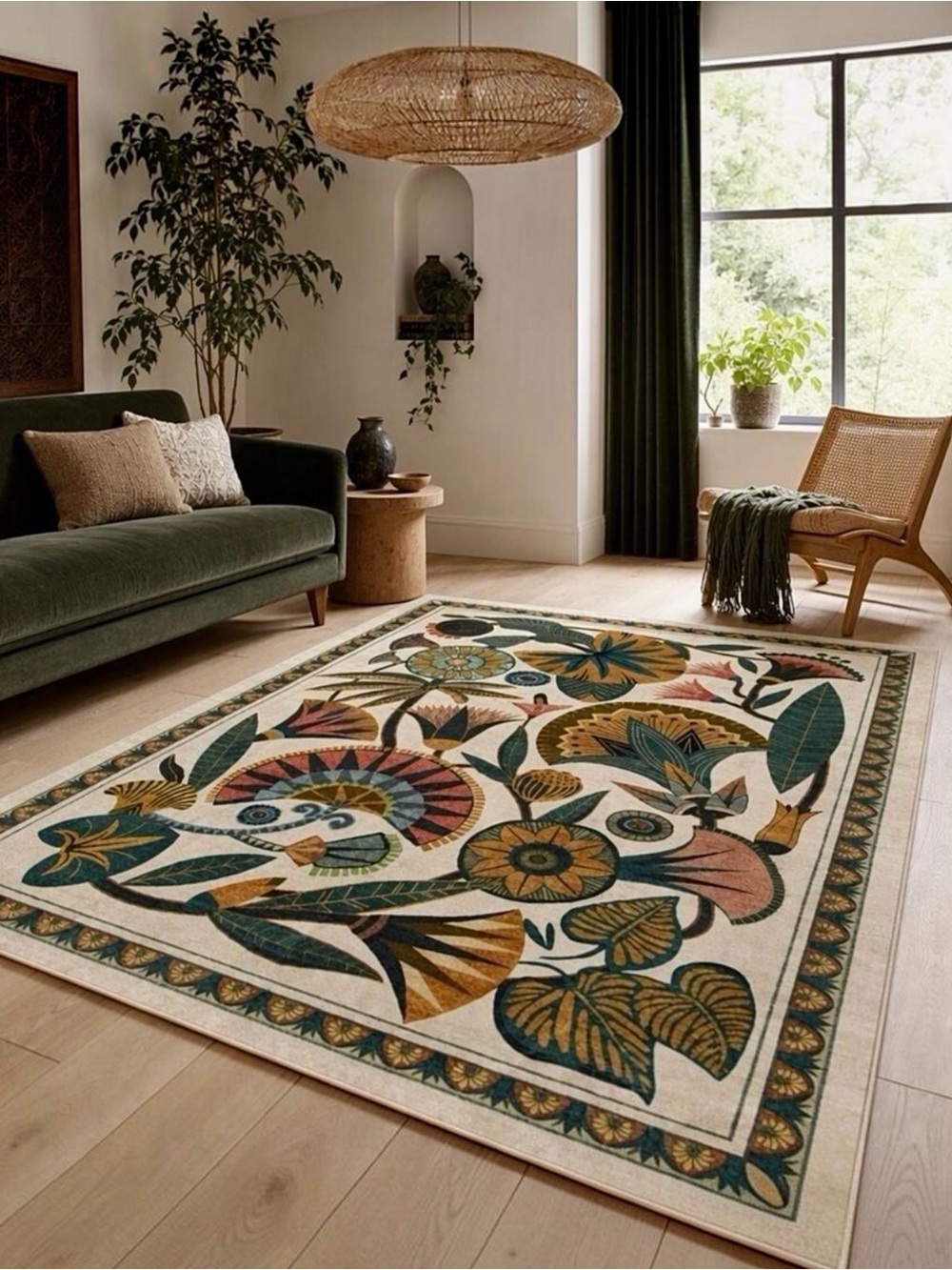 NEW Anthropologie Boho Egypt Floral Multicolor Washable Area Rug Carpet 5' x 7'